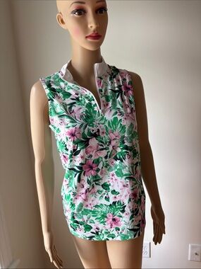 NWT sz S Tommy Bahama Pink & Green Floral Zip-Front Sleeveless Tank